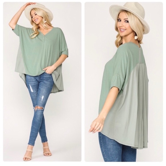 Tops - Green V Neck High Low Blouse